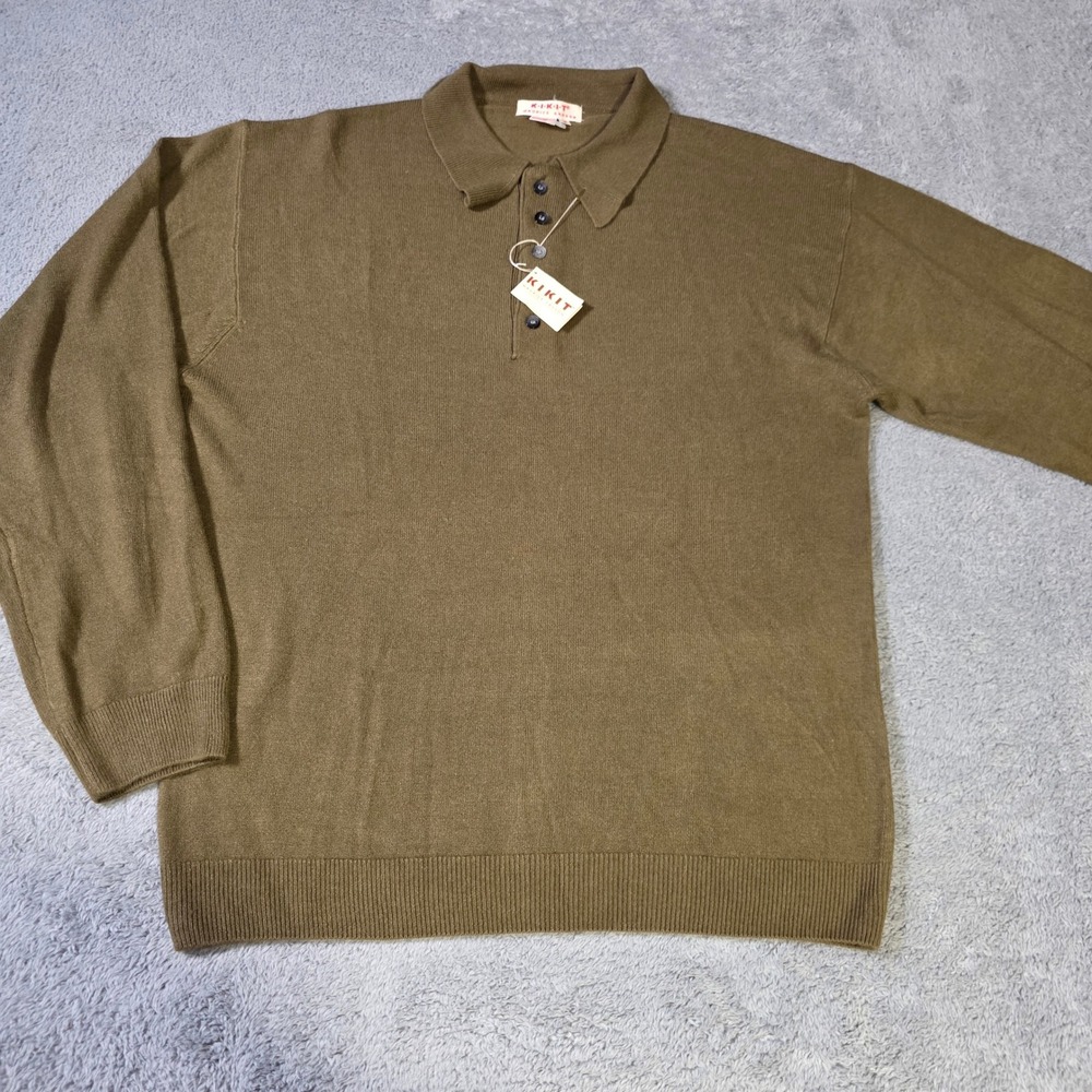 Kikit Mens S Long Sleeve Knit Polo Shirt Olive Brown Vintage Deadstock Acrylic